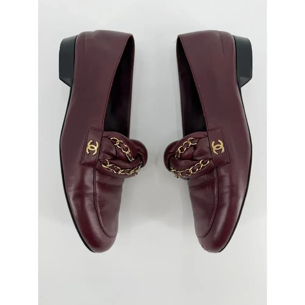 Chanel Bordeaux Burgundy Braided Lambskin CC Chain Loafers Size 39.5 EU 9